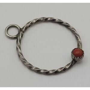 Vintage Sterling Silver 925 Coral Gemstone Pendant Charm Twist Circle 1"